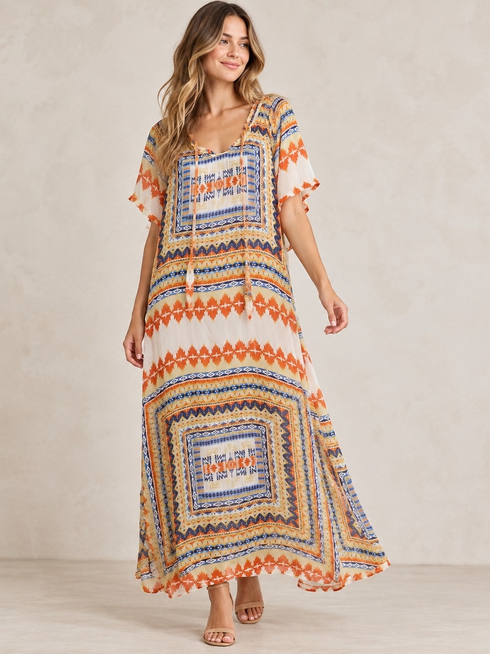 NWT Romeo & Juliet Couture Boho Geometric Tribal Print Maxi Dress L $185
